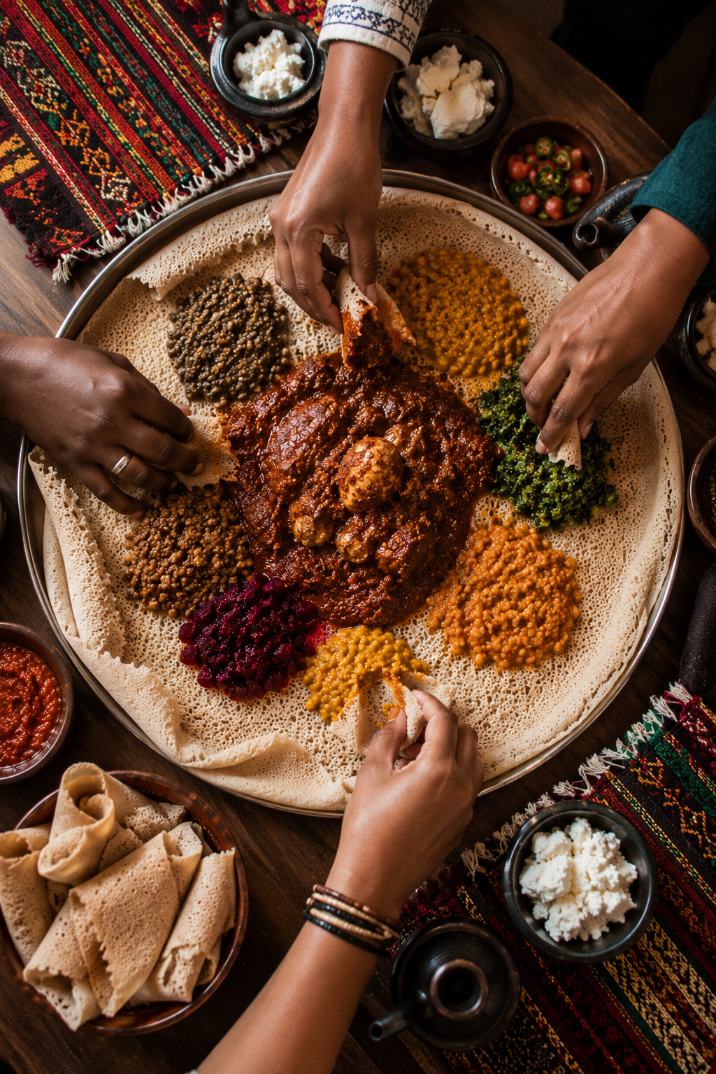 repas ethiopien injera doro wot partage mains table convivialite