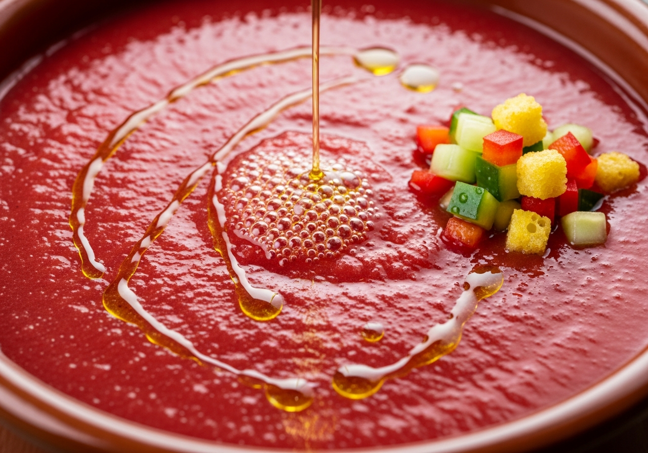 gazpacho rouge profond bol huile olive texture brillante