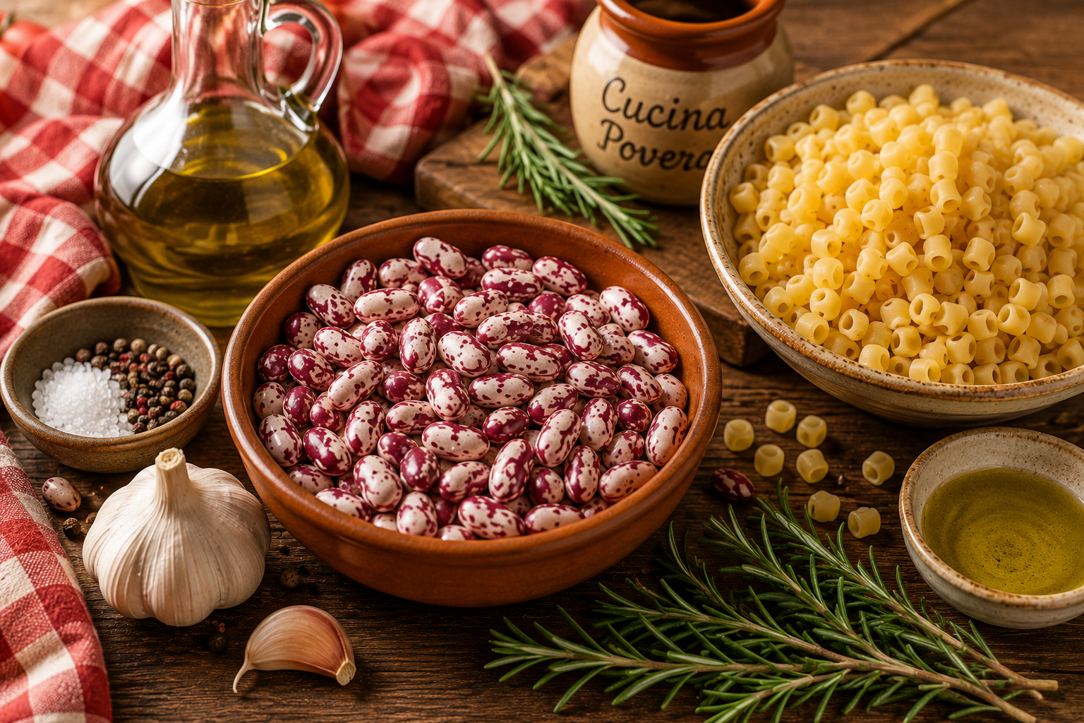 pasta e fagioli ingrédients haricots borlotti pâtes courtes romarin recette italienne cucina povera
