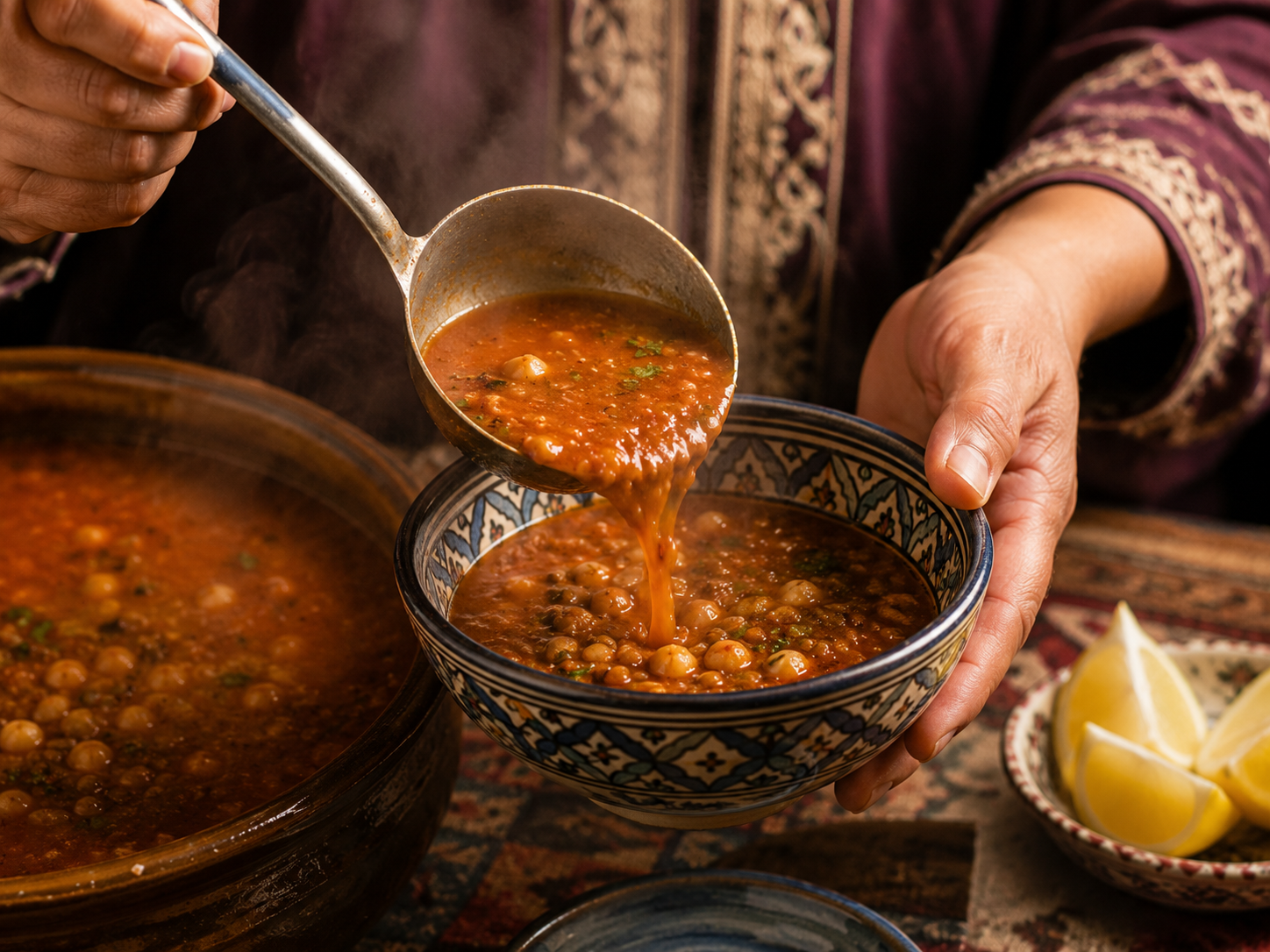 mains qui versent harira marocaine dans bol service citron