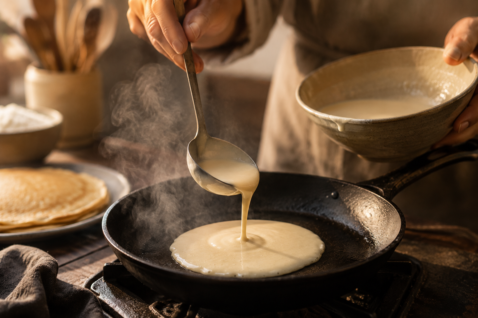histoire des crêpes geste universel pâte versée dans poêle chaude vapeur