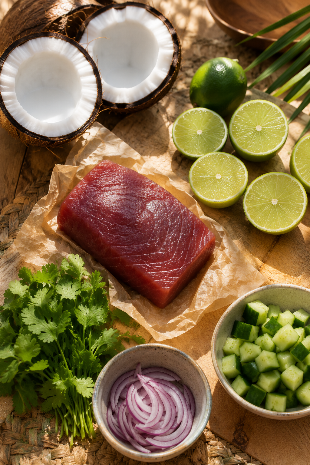 ingredients ika mata noix de coco ouverte citron vert thon frais ambiance Pacifique Sud table naturelle