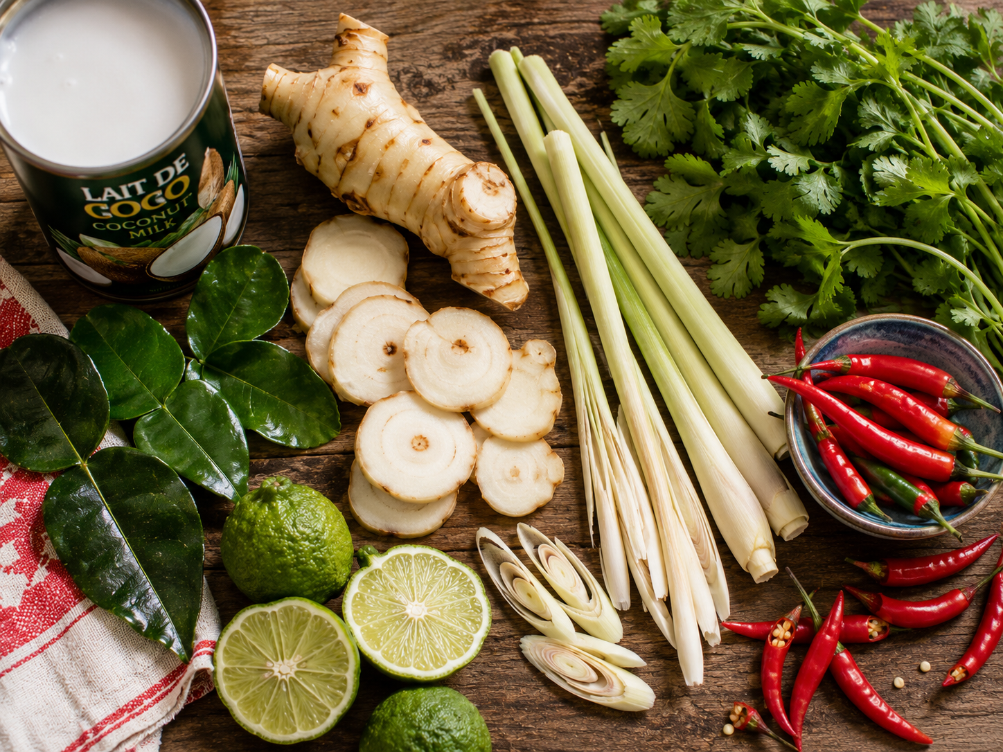 ingredients tom kha gai galanga citronnelle combava piments coriandre