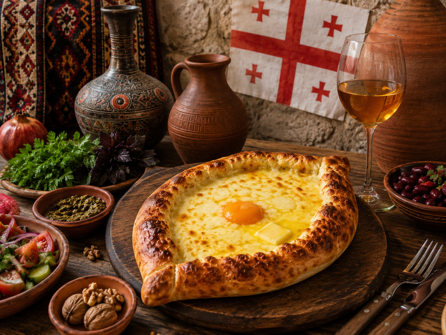 khachapuri georgien table culture caucase vin orange tradition