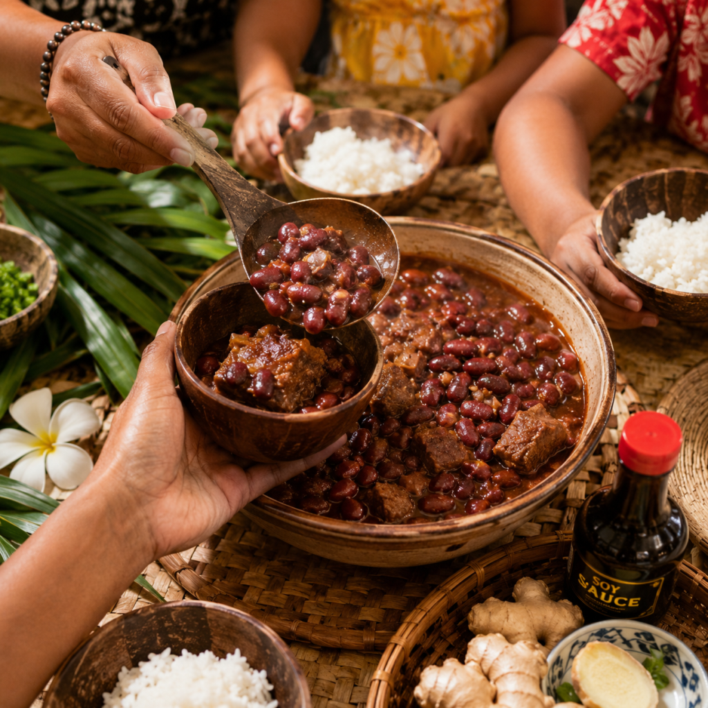 mains servant ma'a tinito dans assiette plat familial tahiti polynesie