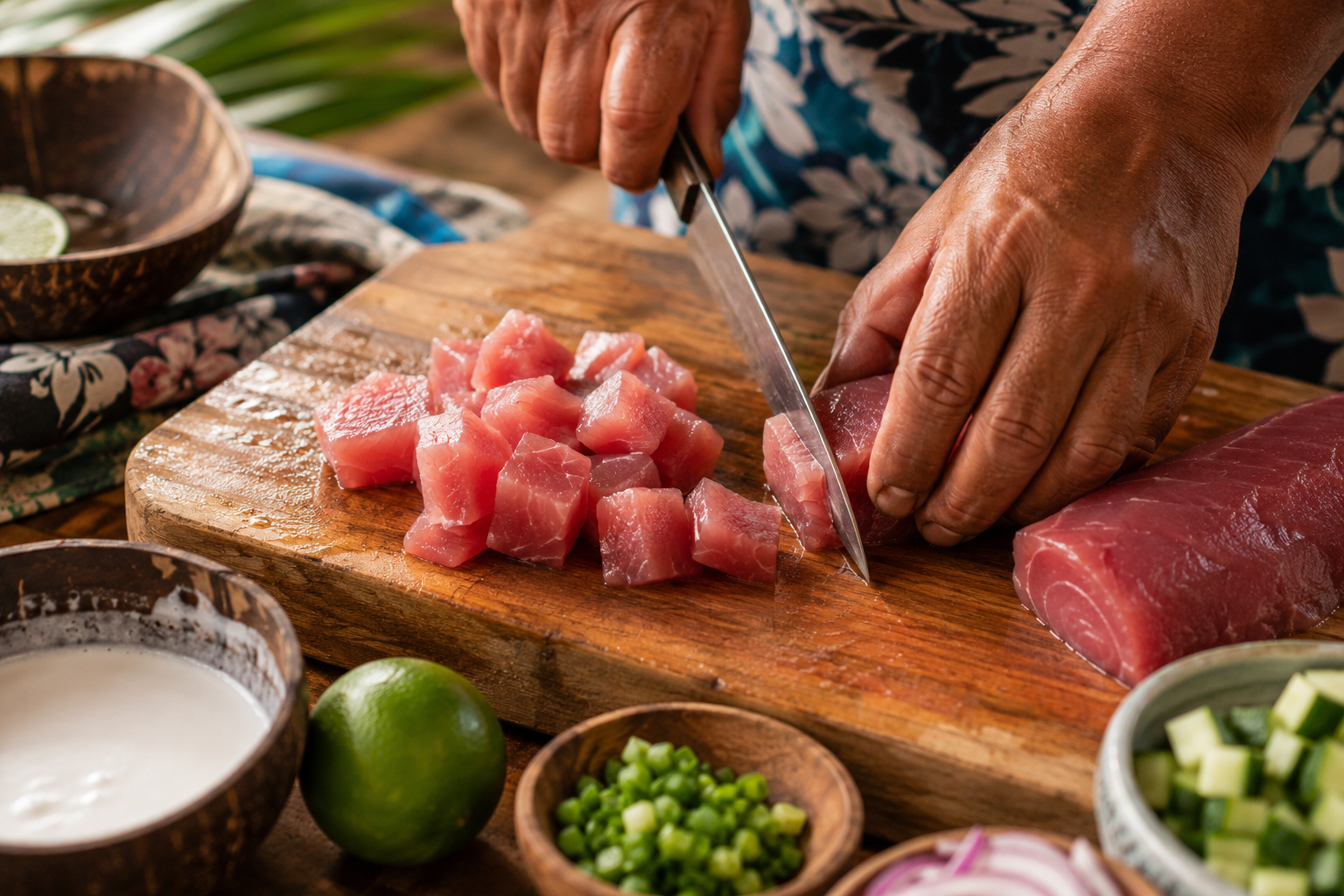 mains découpant poisson frais préparation poisson cru tahitien recette Pacifique transmission