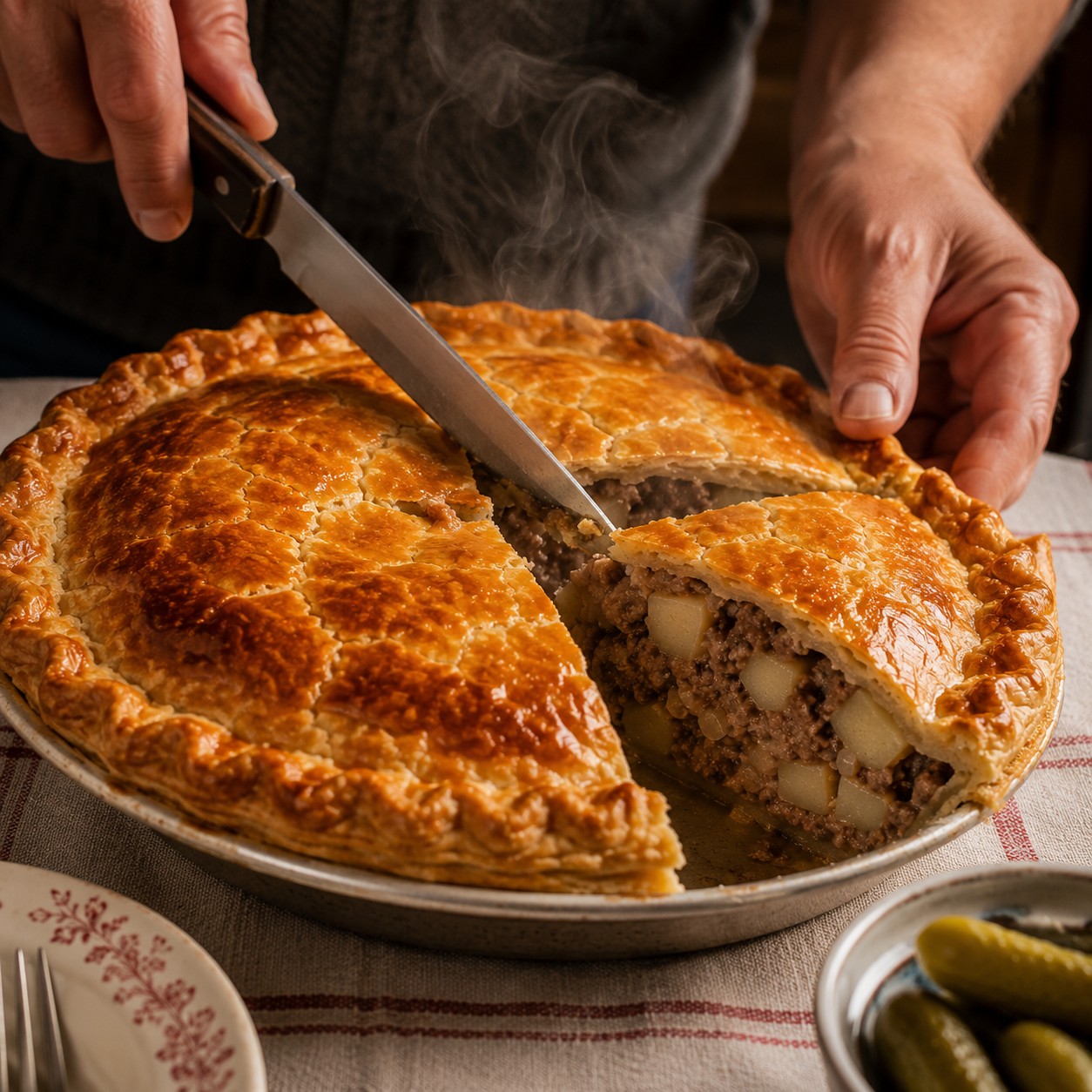 mains decoupant une tourtiere doree au four pate feuillete