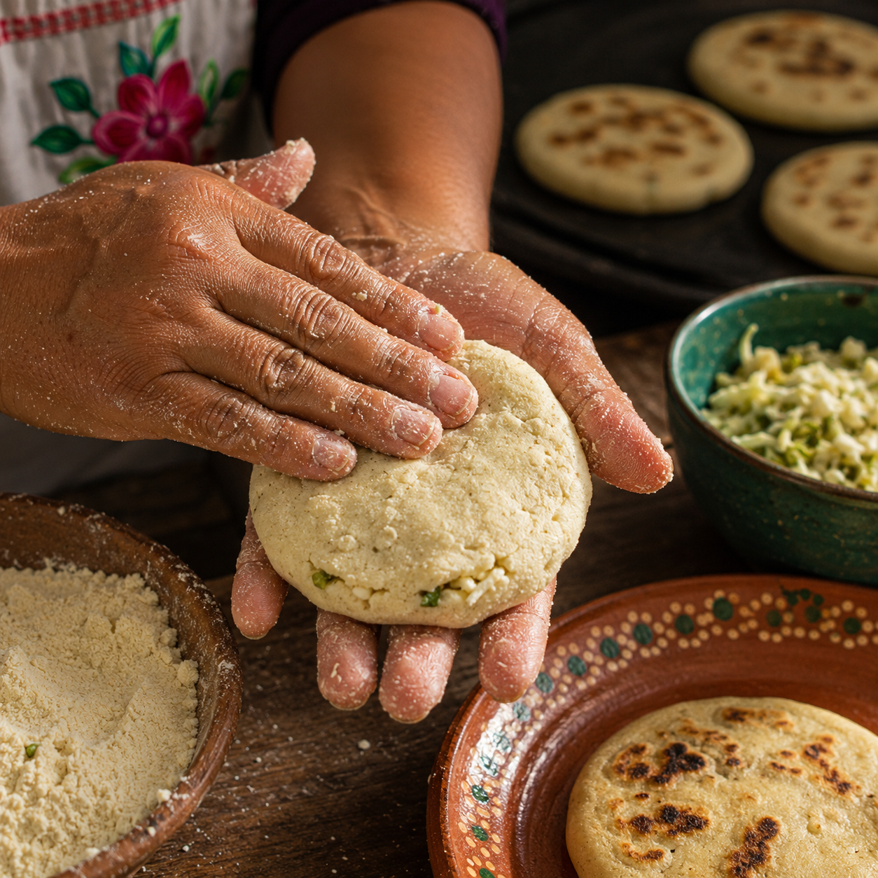 mains façonnant la pupusa entre les paumes farine de maïs