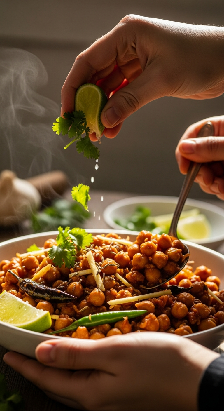 mains ciselant feuilles de coriandre fraîche chana masala préparation