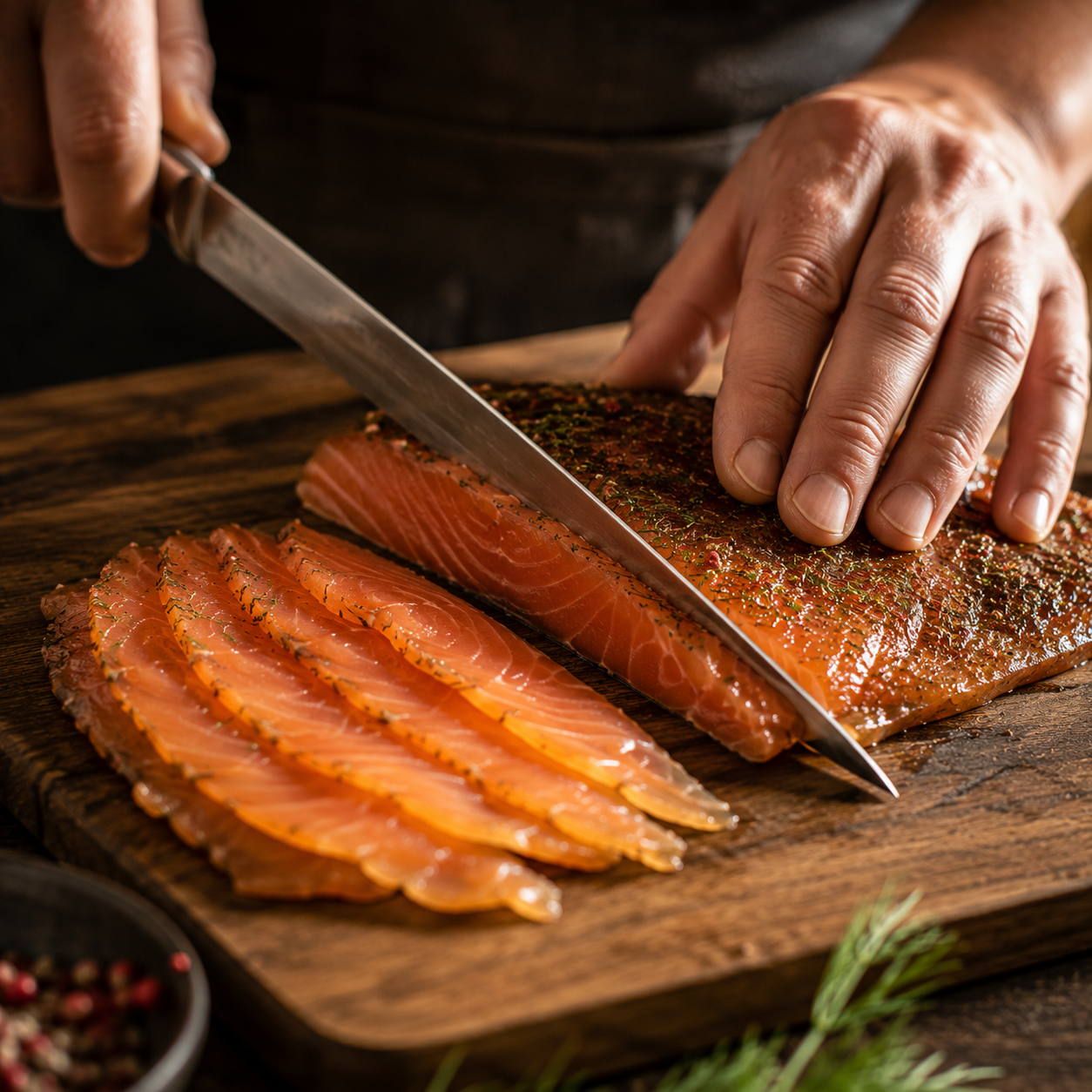mains tranchant saumon gravlax erable en fines lamelles couteau japonais