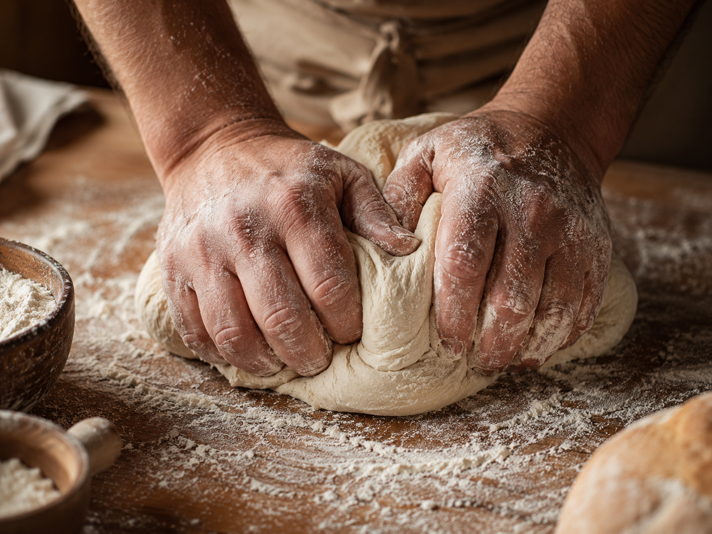 mains qui pétrissent la pâte à pain geste ancestral artisanal