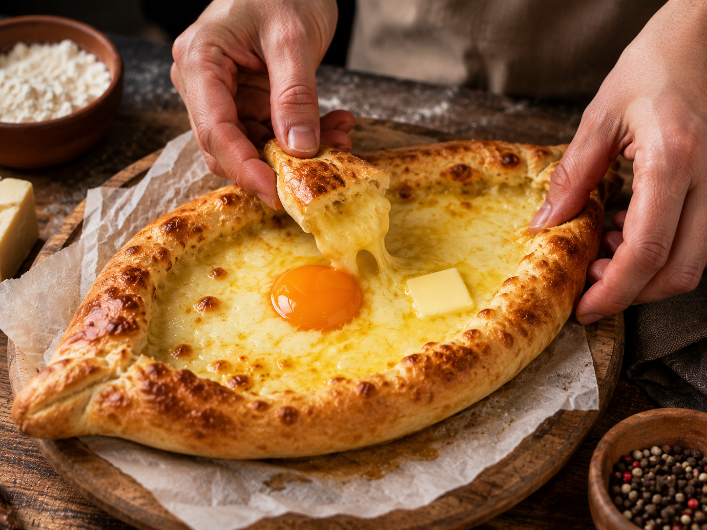 mains qui forment barque pate khachapuri ou trempent pain fromage fondu