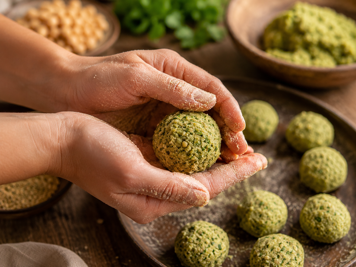 mains qui forment des boulettes de pate falafel maison preparation