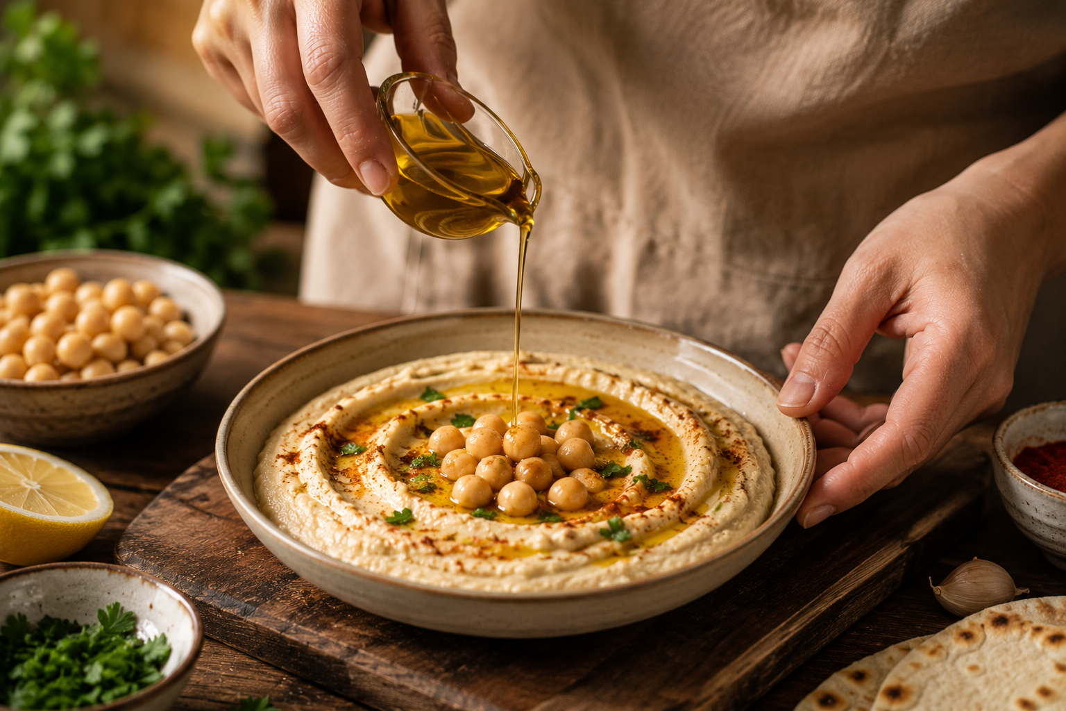 mains versant huile olive sur houmous maison recette libanaise préparation mezze