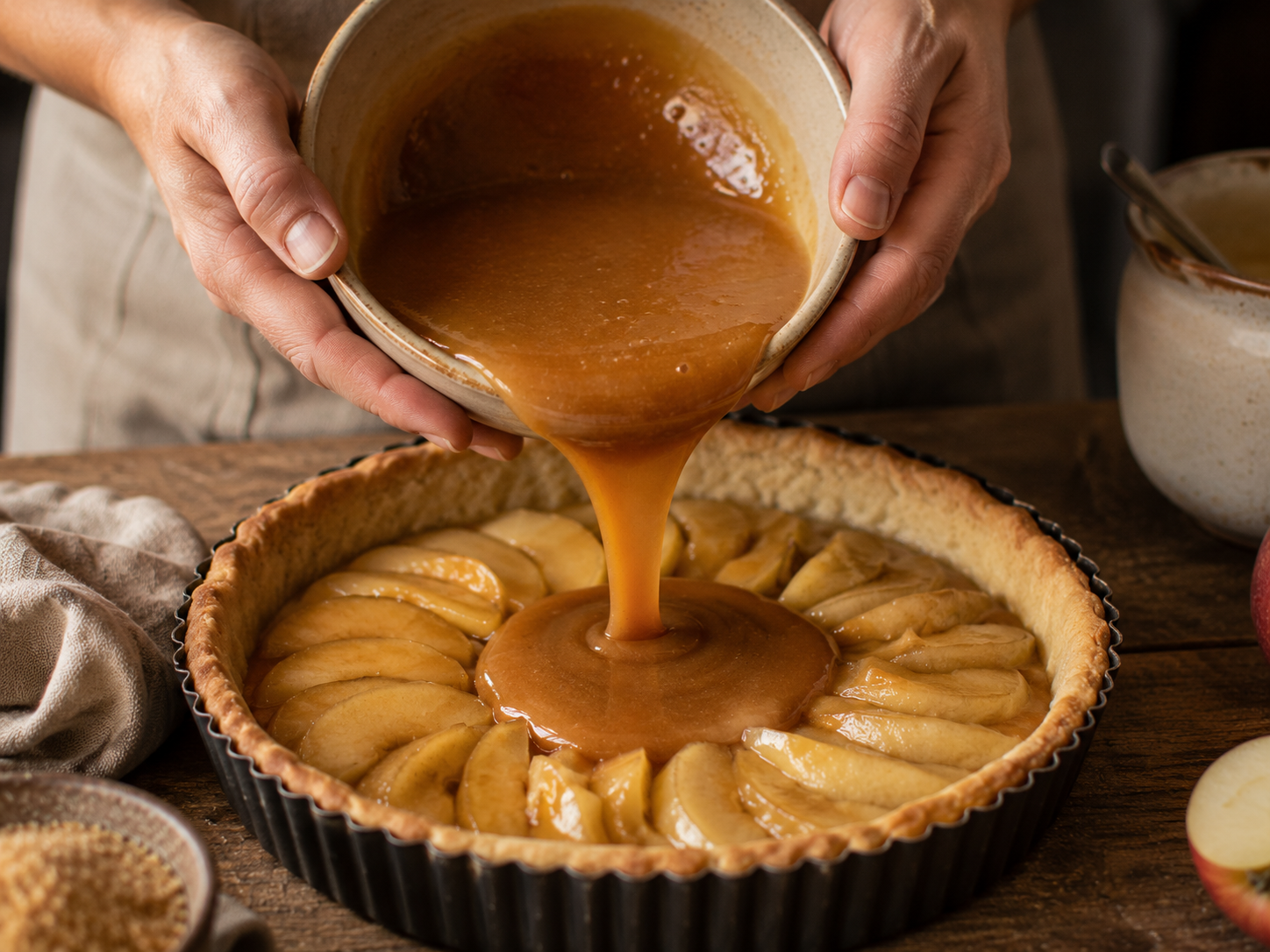 mains versant appareil cassonade creme dans fond de tarte brisee