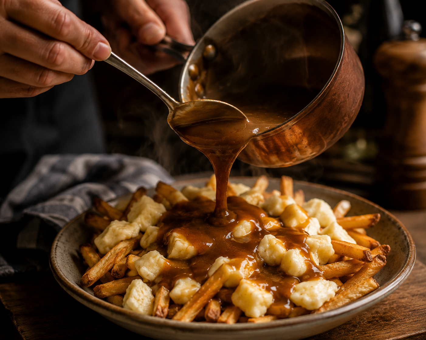Sauce brune maison pour poutine mains versant sauce brune chaude sur poutine quebecoise