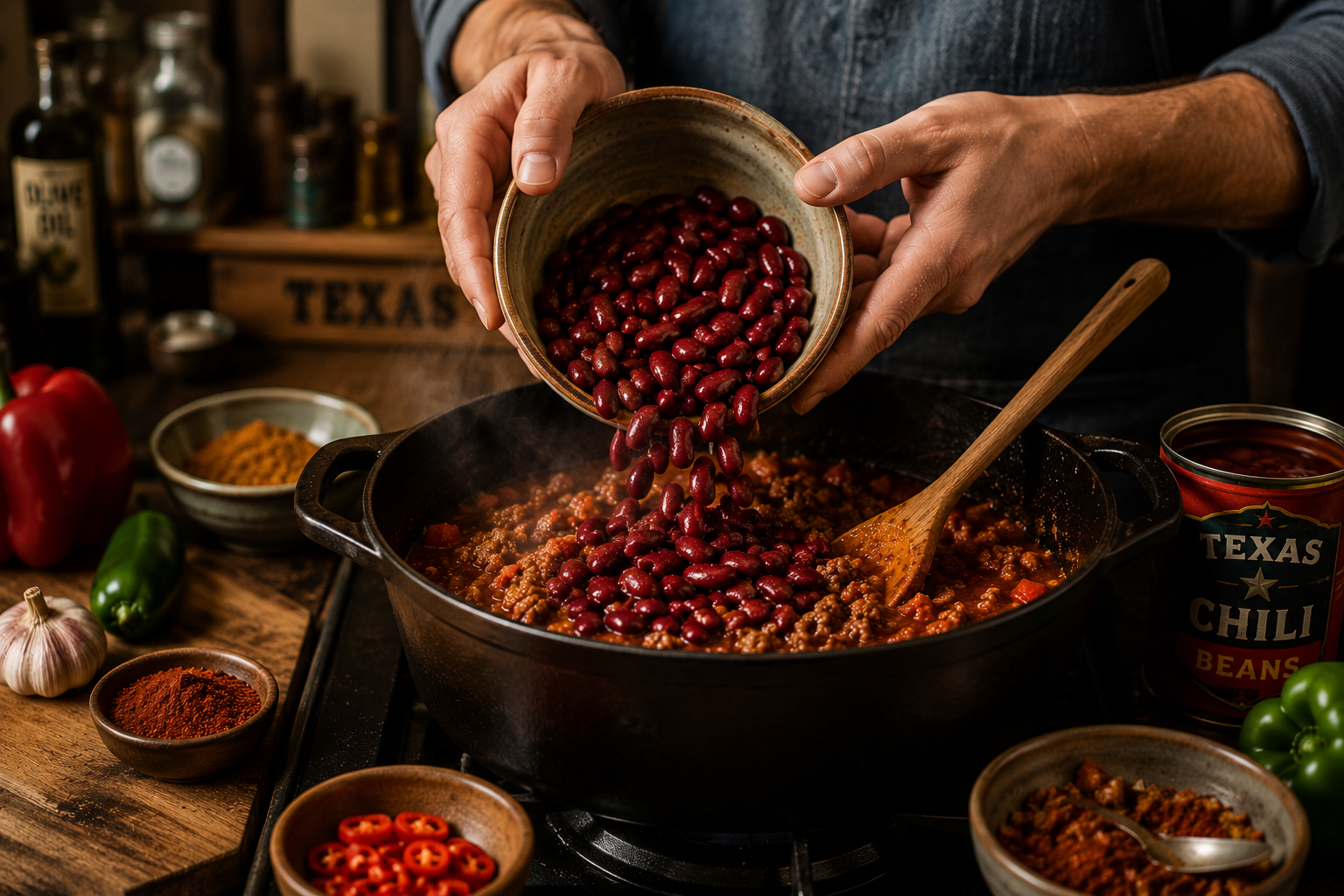 préparation chili con carne mains versant haricots cocotte fonte recette tex-mex maison