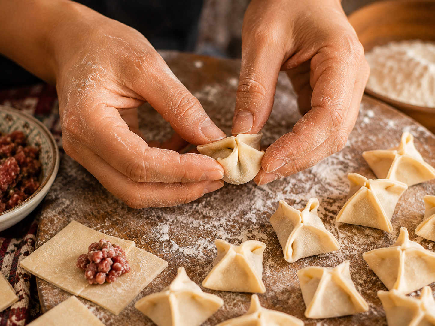 mains qui forment et plient les petits raviolis manti turcs