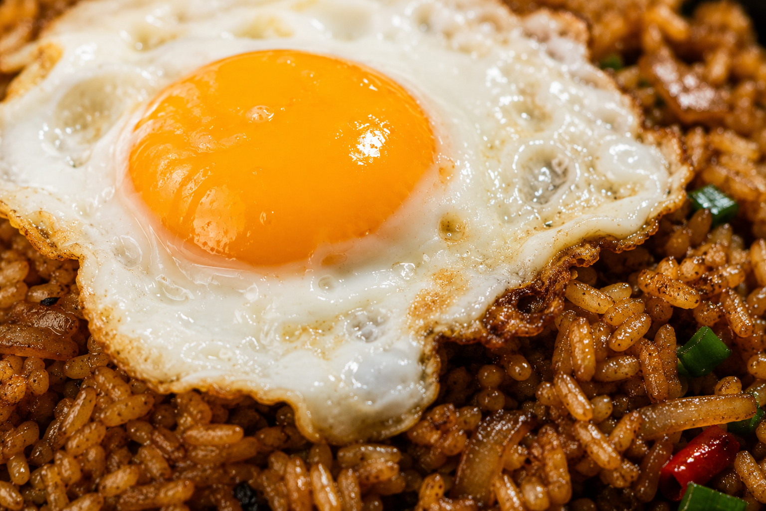 nasi goreng oeuf au plat jaune brillant riz frit caramélisé indonésien détail macro texture