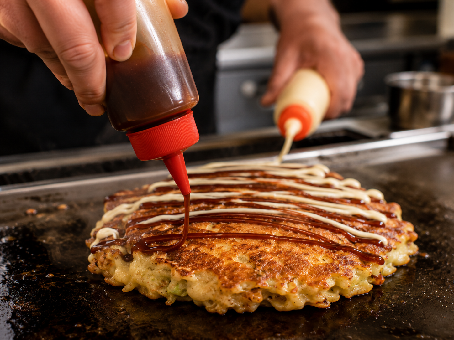 mains qui nappent sauce okonomiyaki et mayo japonaise en zigzag