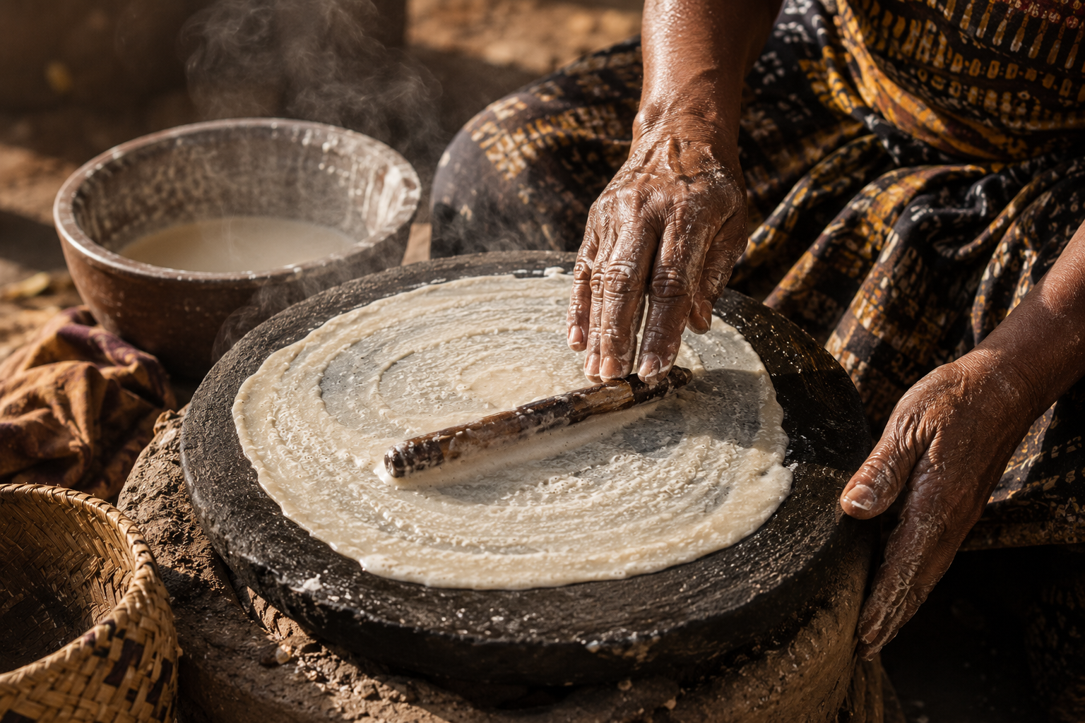 origine des crêpes mains étalant une pâte fine sur pierre chaude geste universel