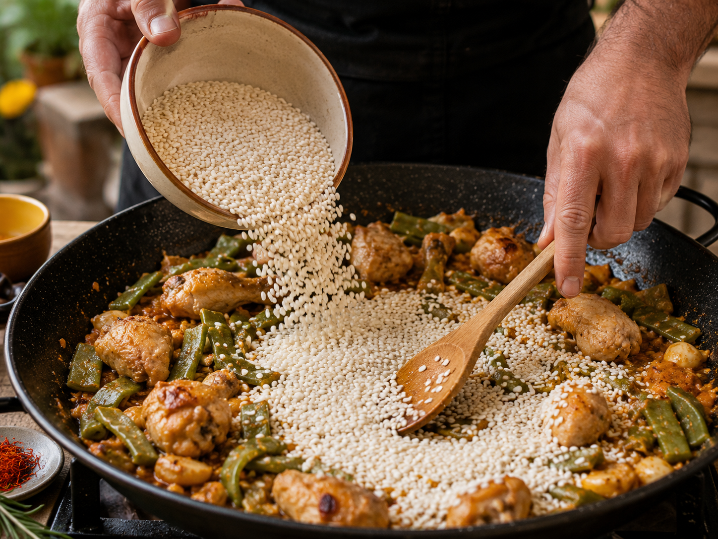 mains qui versent le riz dans la poele de paella valenciana espagne