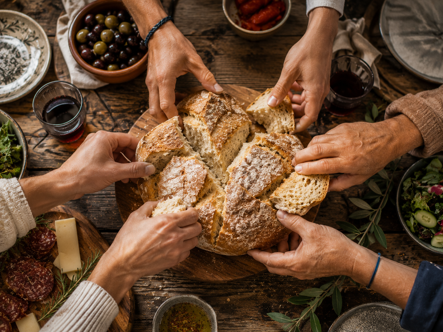 mains qui partagent un pain autour d'une table convivialité