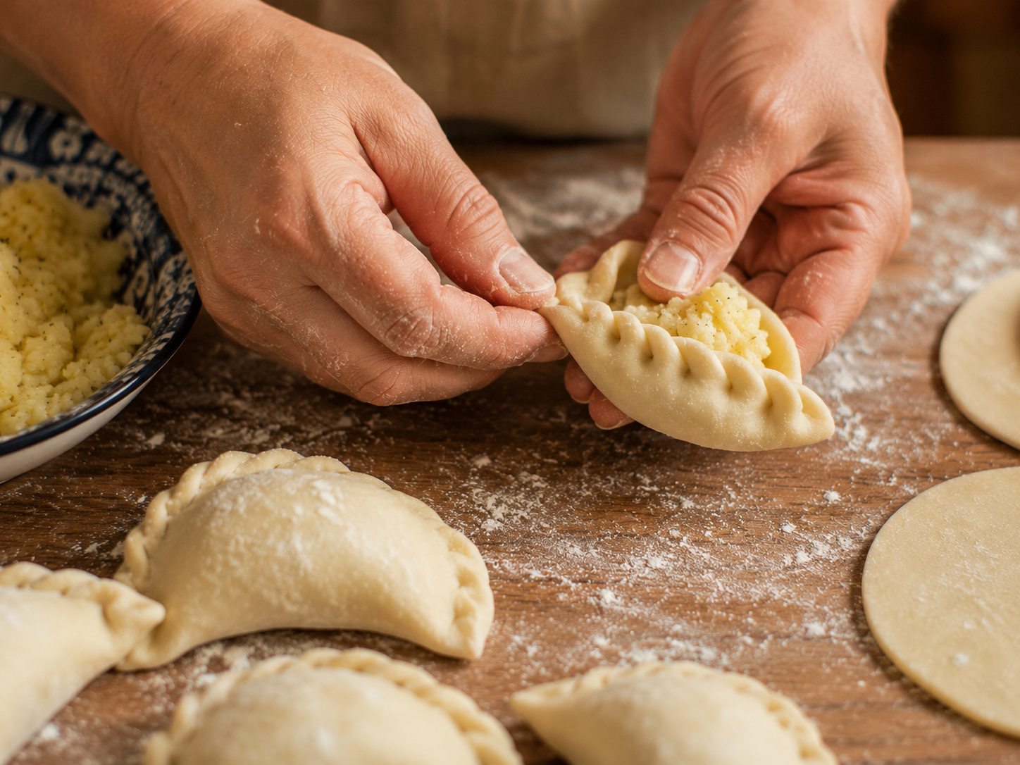 mains qui ferment un pierogi polonais pate souple crenelure