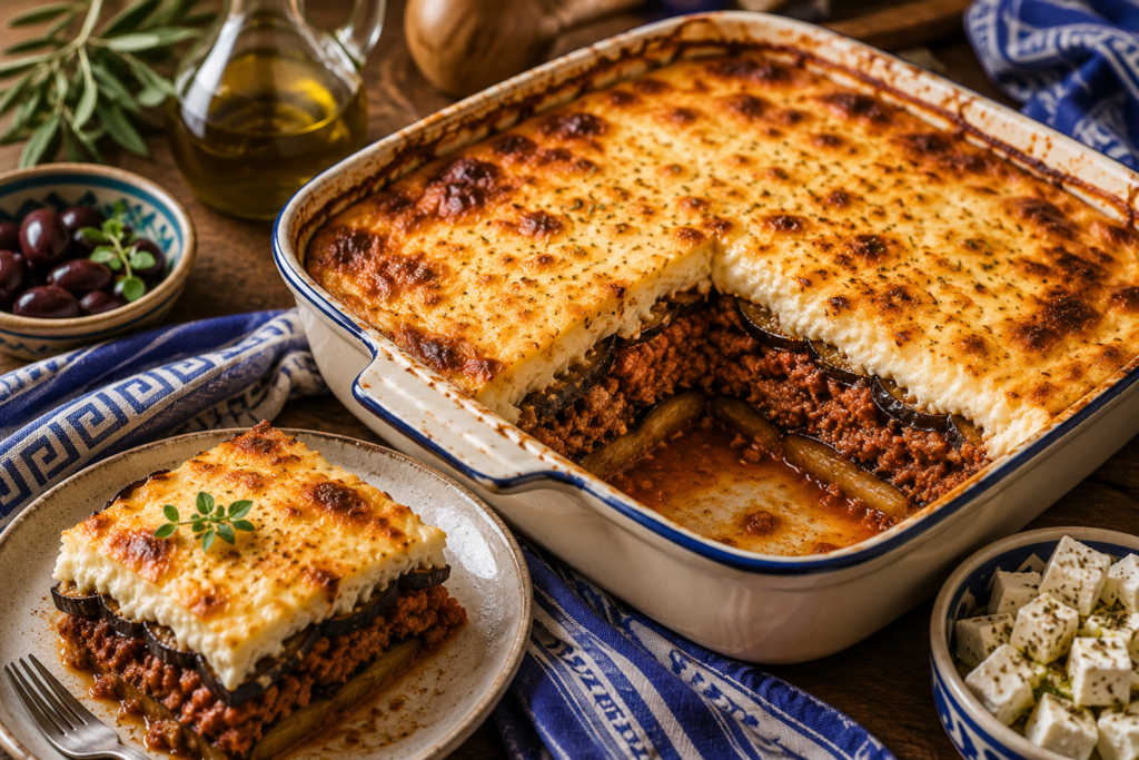 Recette moussaka grecque authentique avec aubergines fondantes, agneau à la cannelle et béchamel dorée
