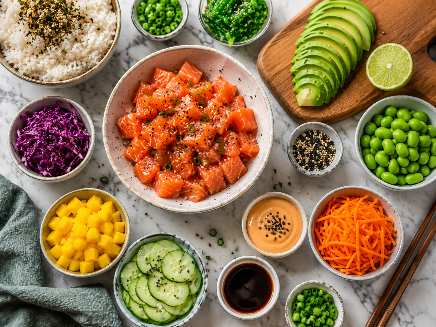ingredients poke bowl saumon avocat edamame colores preparation