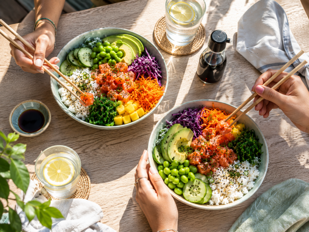deux bols poke saumon table repas frais partage ete