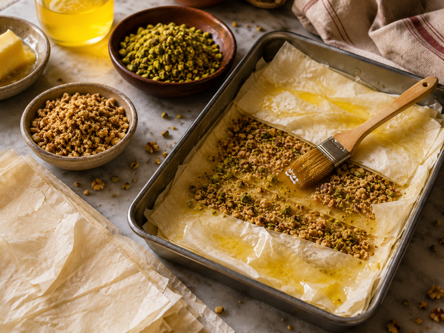 preparation baklava couches pate filo beurre noix pistaches moule