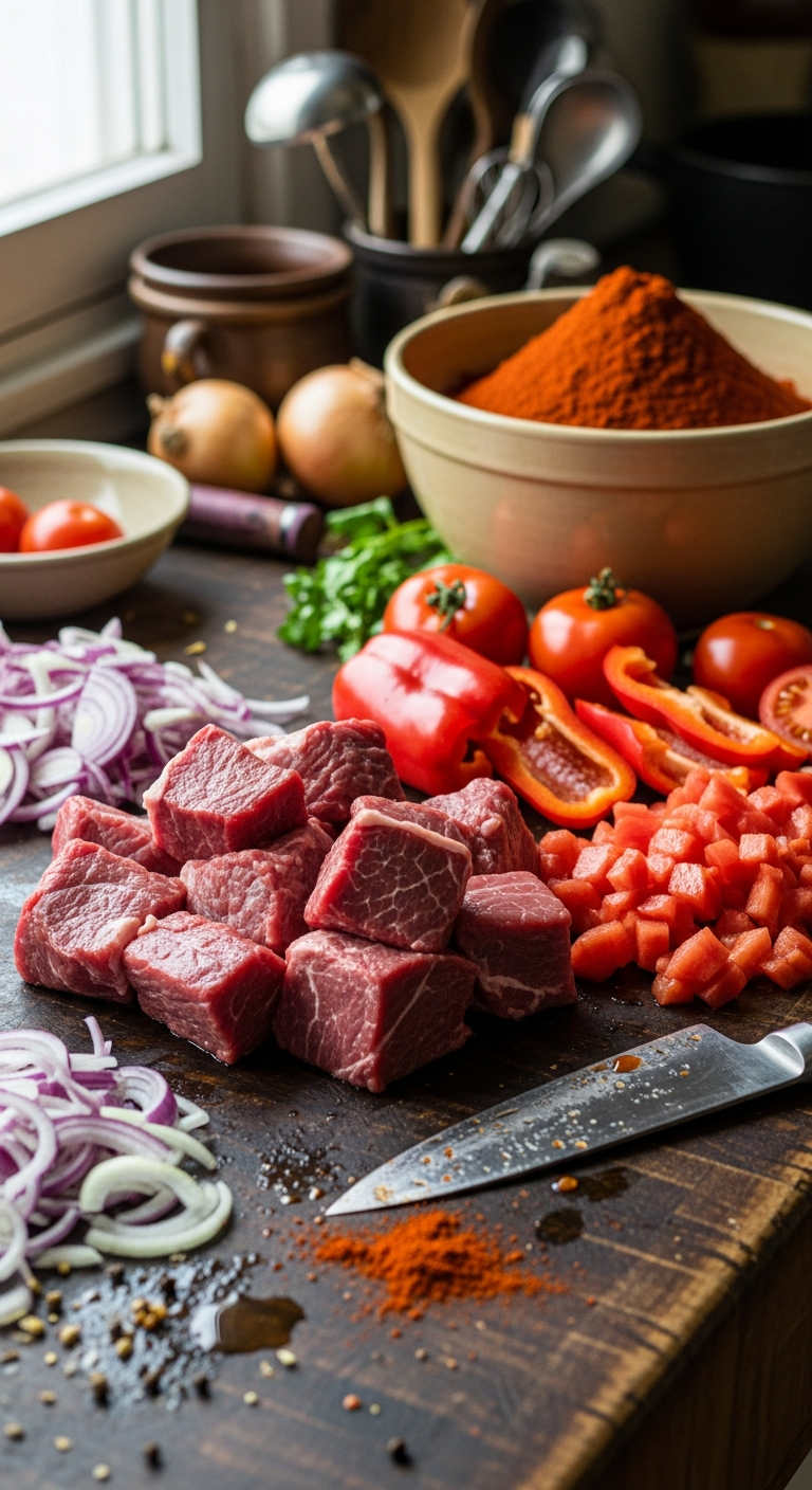 préparation goulash hongrois oignons paprika boeuf mise en place