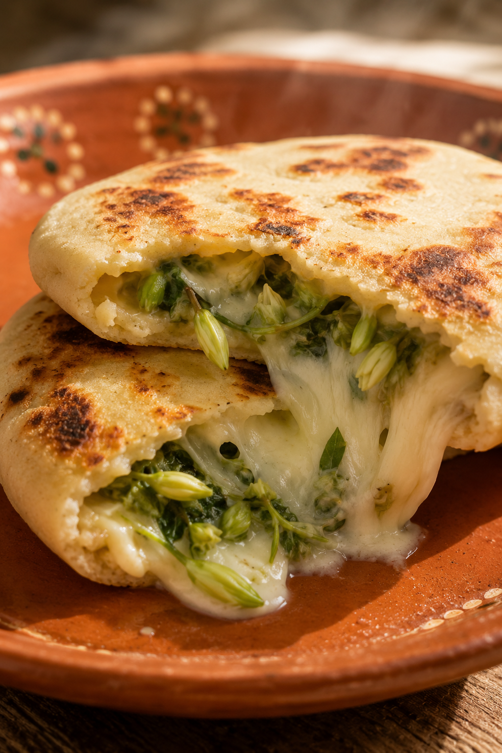 pupusa coupée en deux fromage filant fleur de loroco salvadorienne