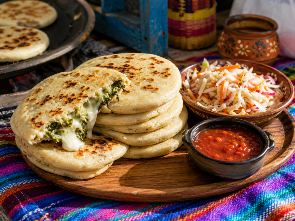 pupusas empilées sur une planche en bois avec curtido (salade de chou marinée) et sauce tomate à côté