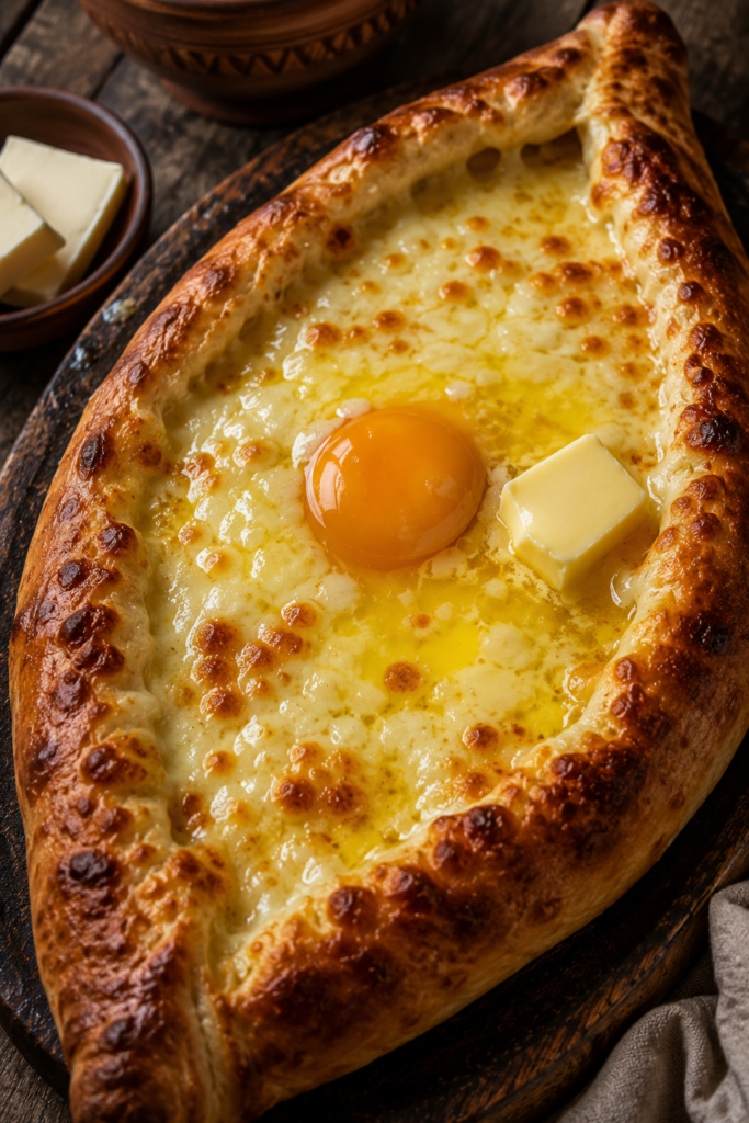 Recette khachapuri adjarian maison : barque de pain au fromage fondu, oeuf et beurre.
