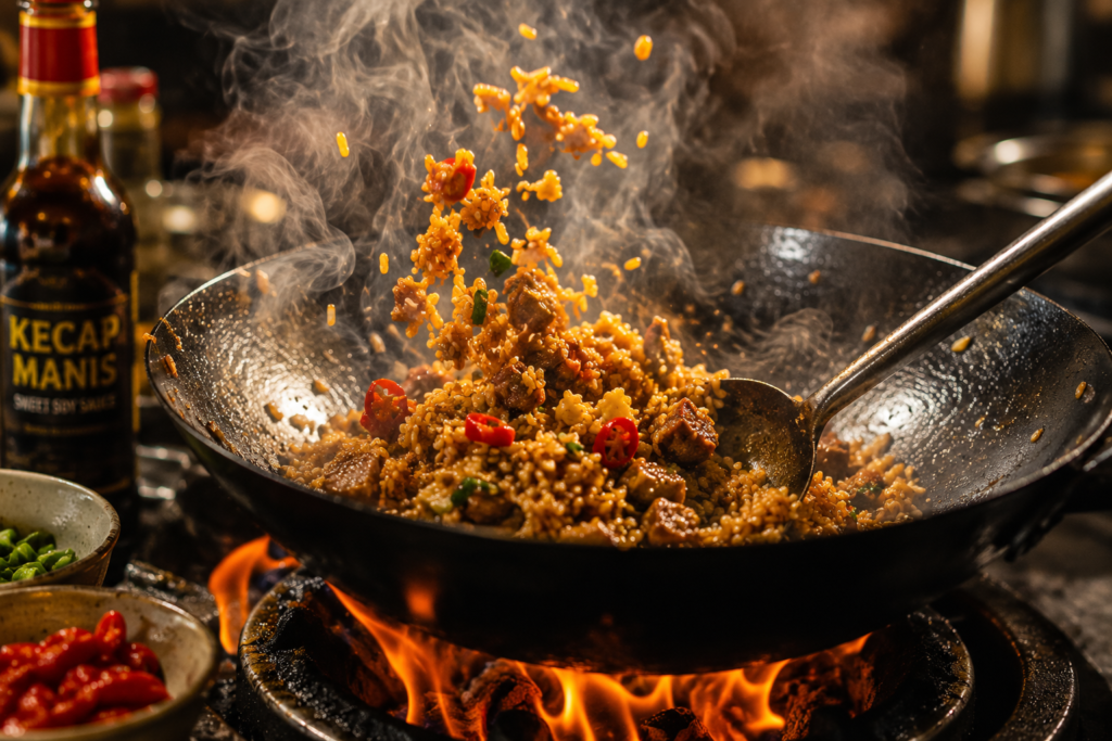 ecette nasi goreng wok fumant riz frit indonésien kecap manis cuisine authentique