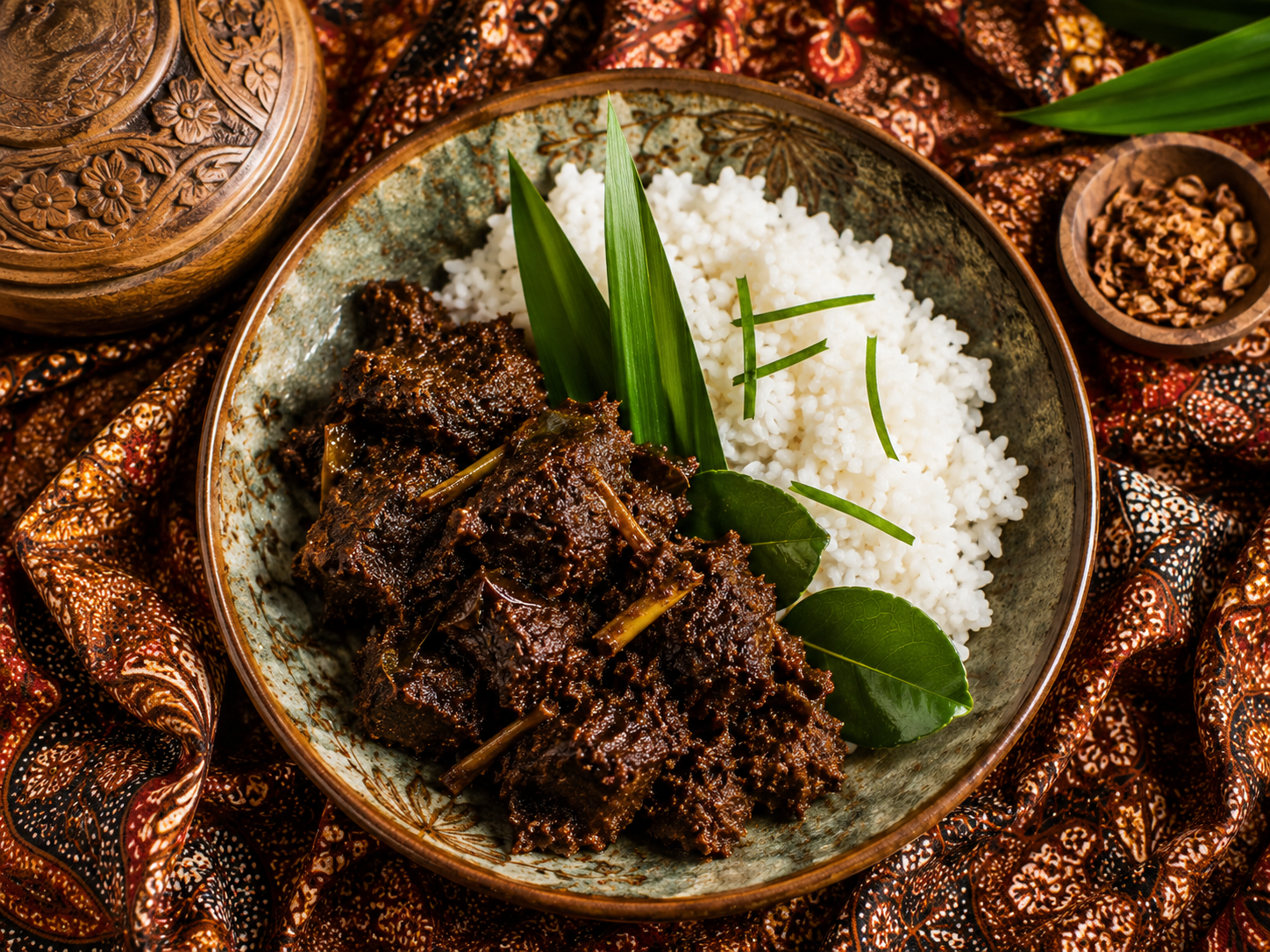 rendang boeuf riz blanc vaisselle indonesienne culture sumatra