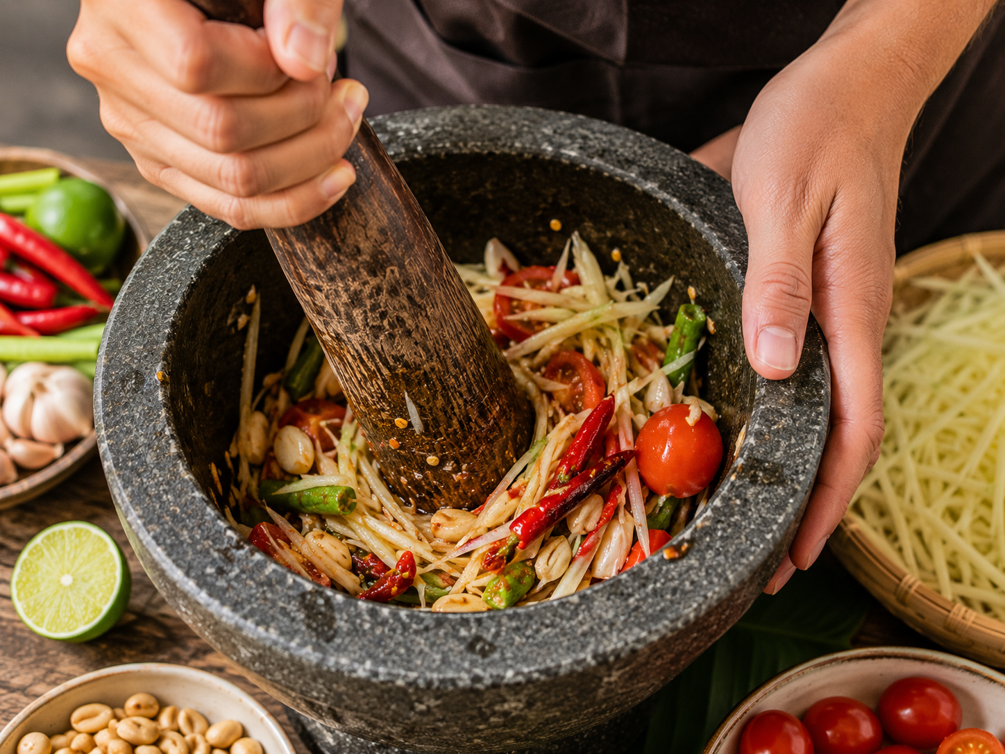 mains qui pilent les ingredients som tam dans mortier thaïlandais