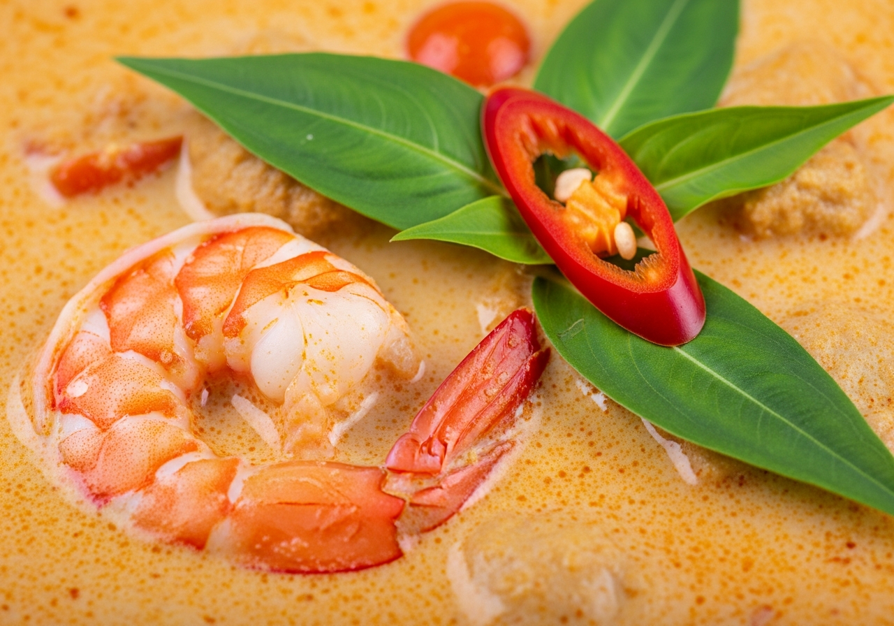 gros plan surface bol laksa bouillon crémeux orangé crevette rose feuille coriandre flottante rondelle piment rouge texture onctueuse