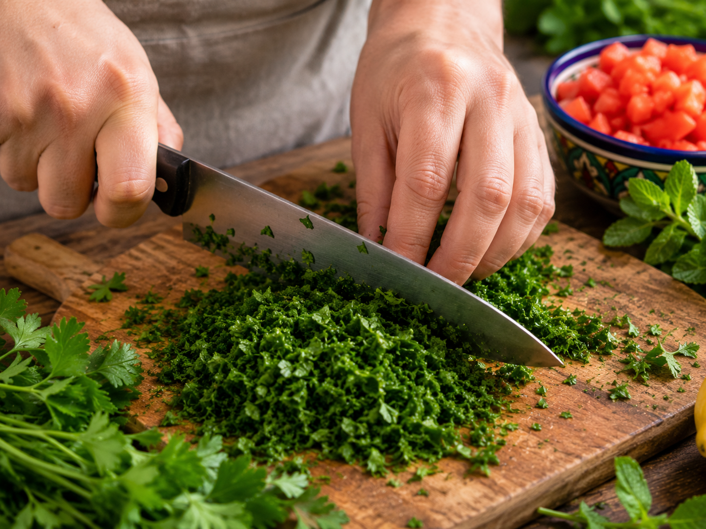 mains qui hachent le persil plat finement couteau taboulé libanais