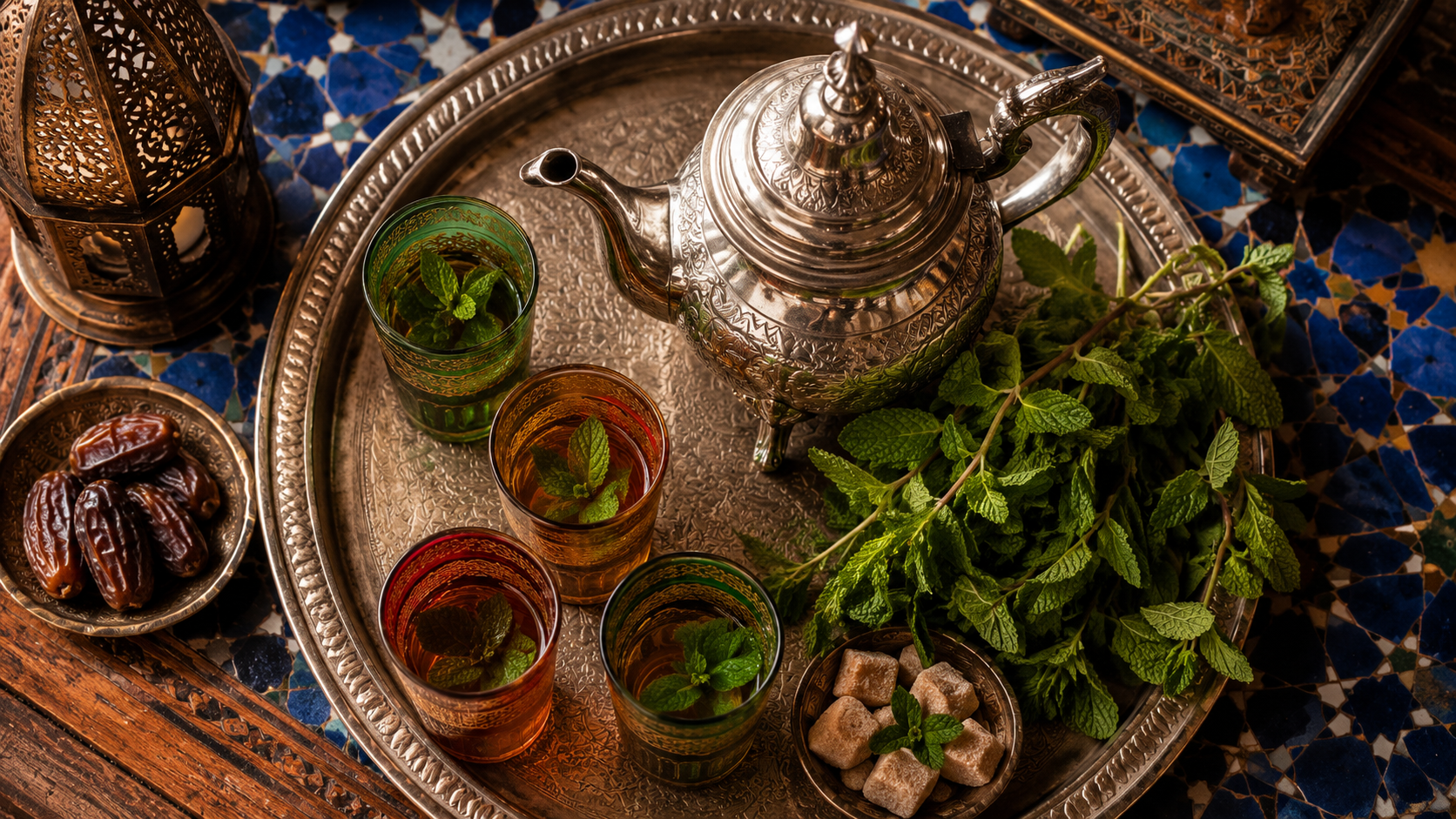 plateau thé à la menthe marocain théière argent verres hospitalité Maroc
