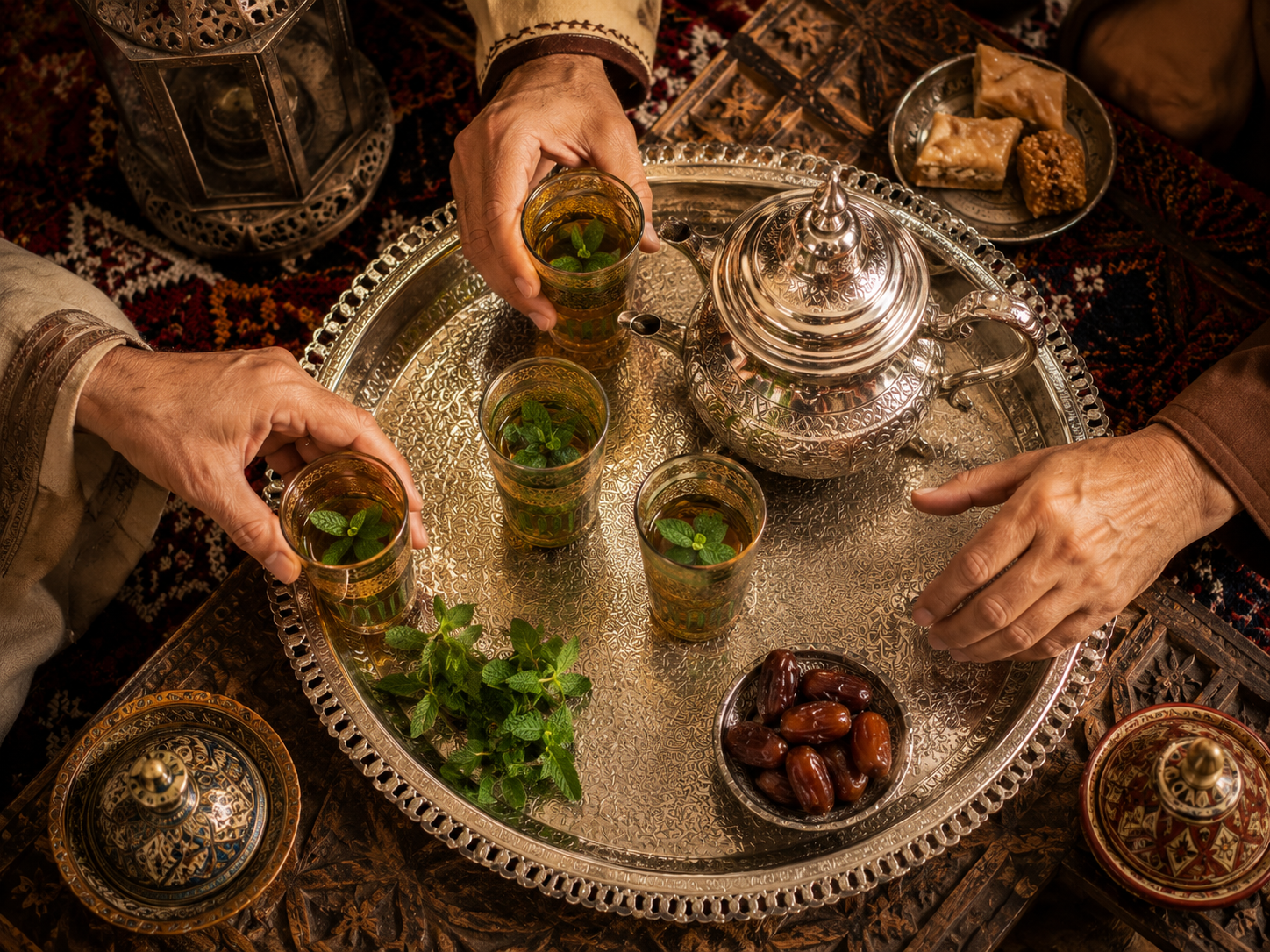 partage thé à la menthe marocain mains plateau hospitalité