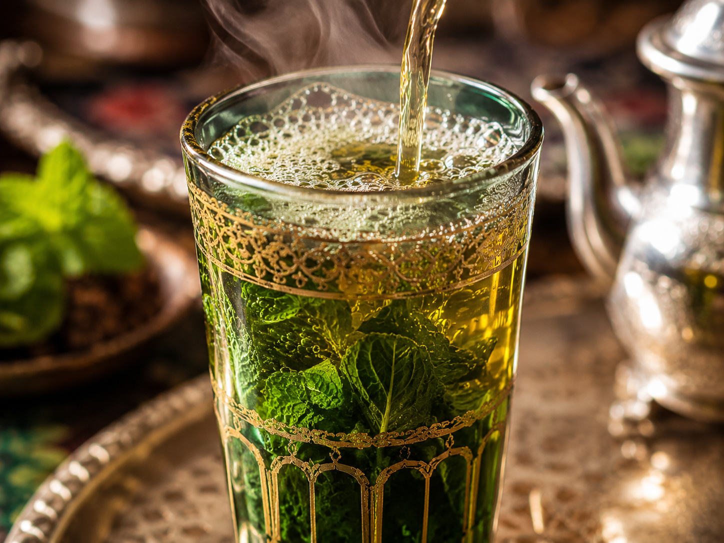 gros plan verre thé à la menthe marocain versé mousse vapeur