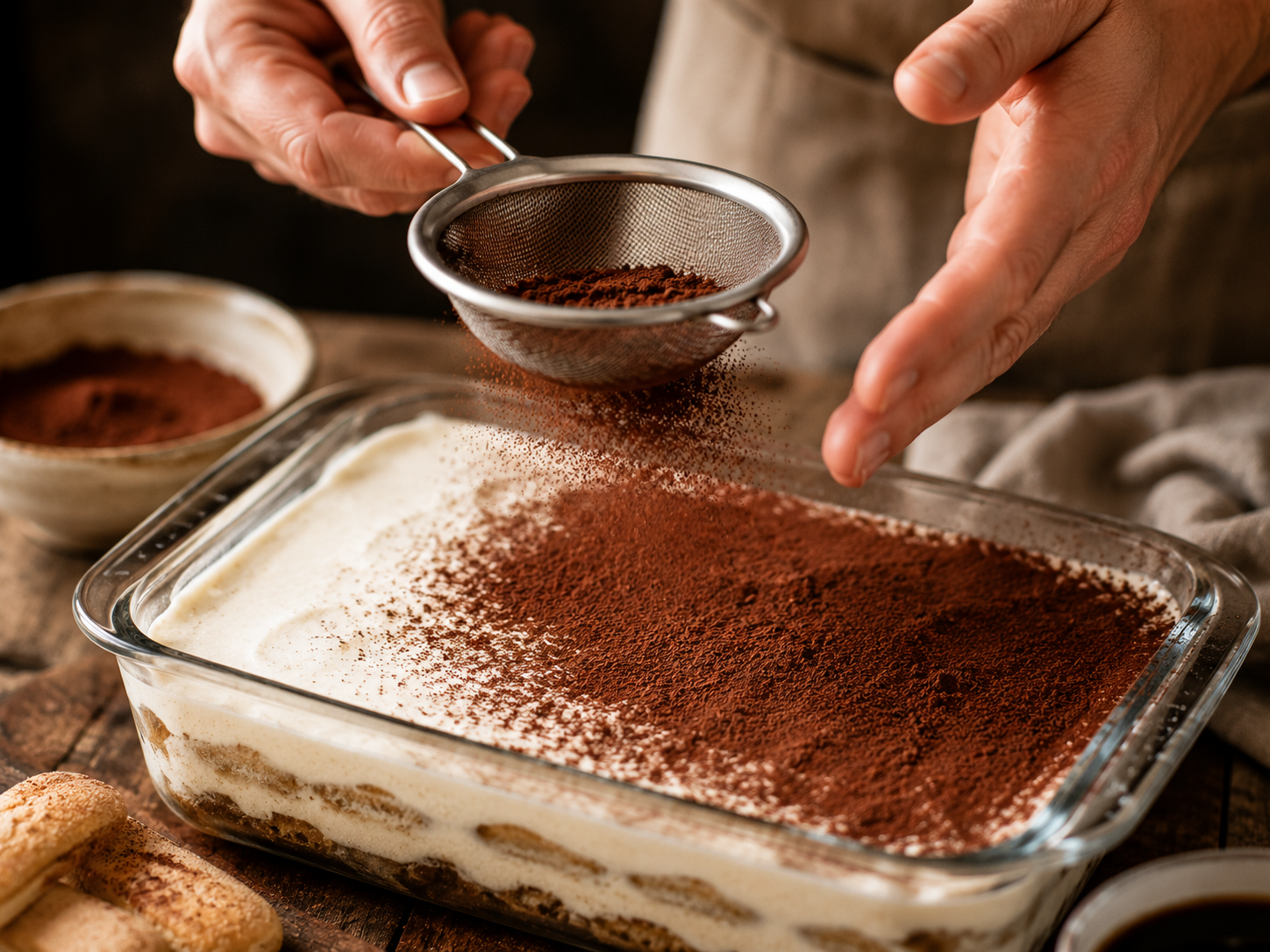 mains qui saupoudrent cacao amer sur tiramisu maison dessert