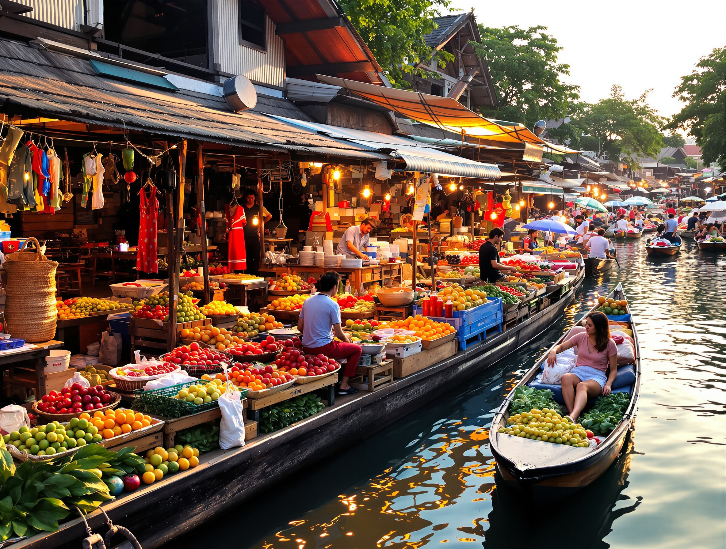 Marché flottant thaïlandais avec barques en bois chargées de fruits et étals colorés