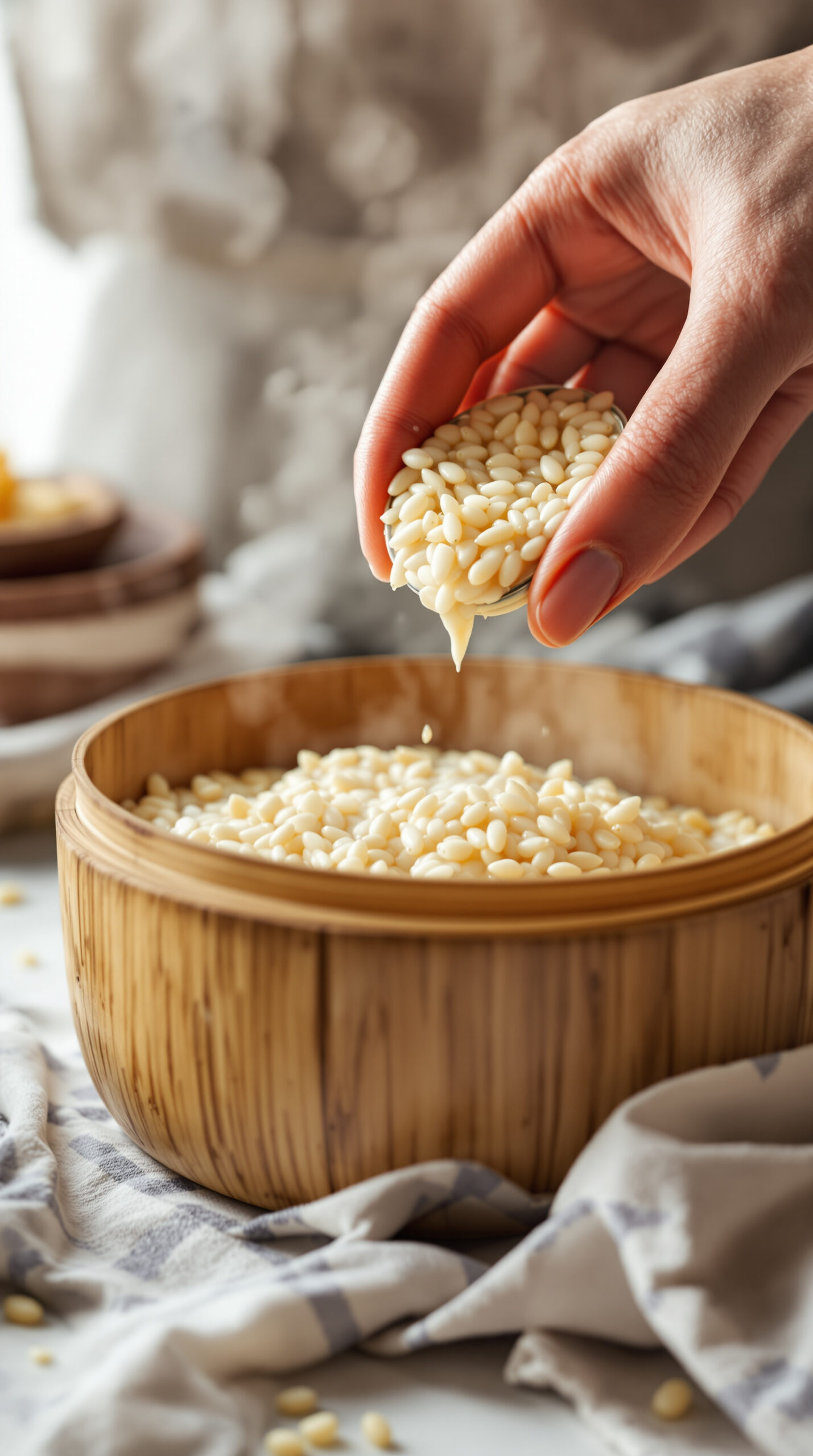 Mains versant du lait de coco chaud et sucré sur du riz gluant fraîchement cuit à la vapeur
