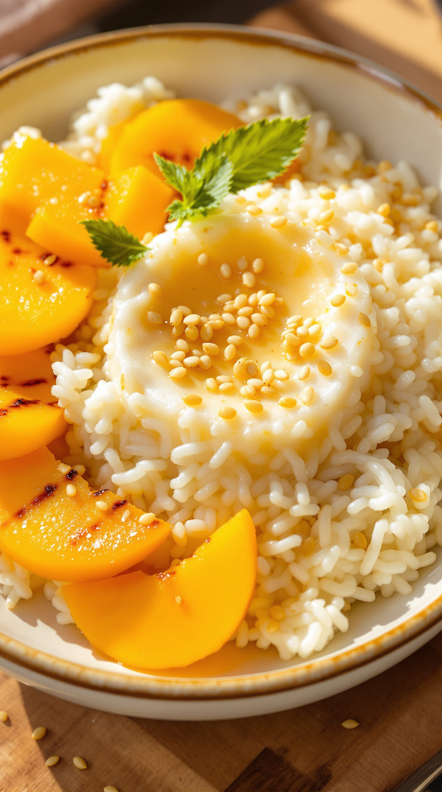 Riz gluant nappé de lait de coco avec tranches de mangue mûre en éventail
