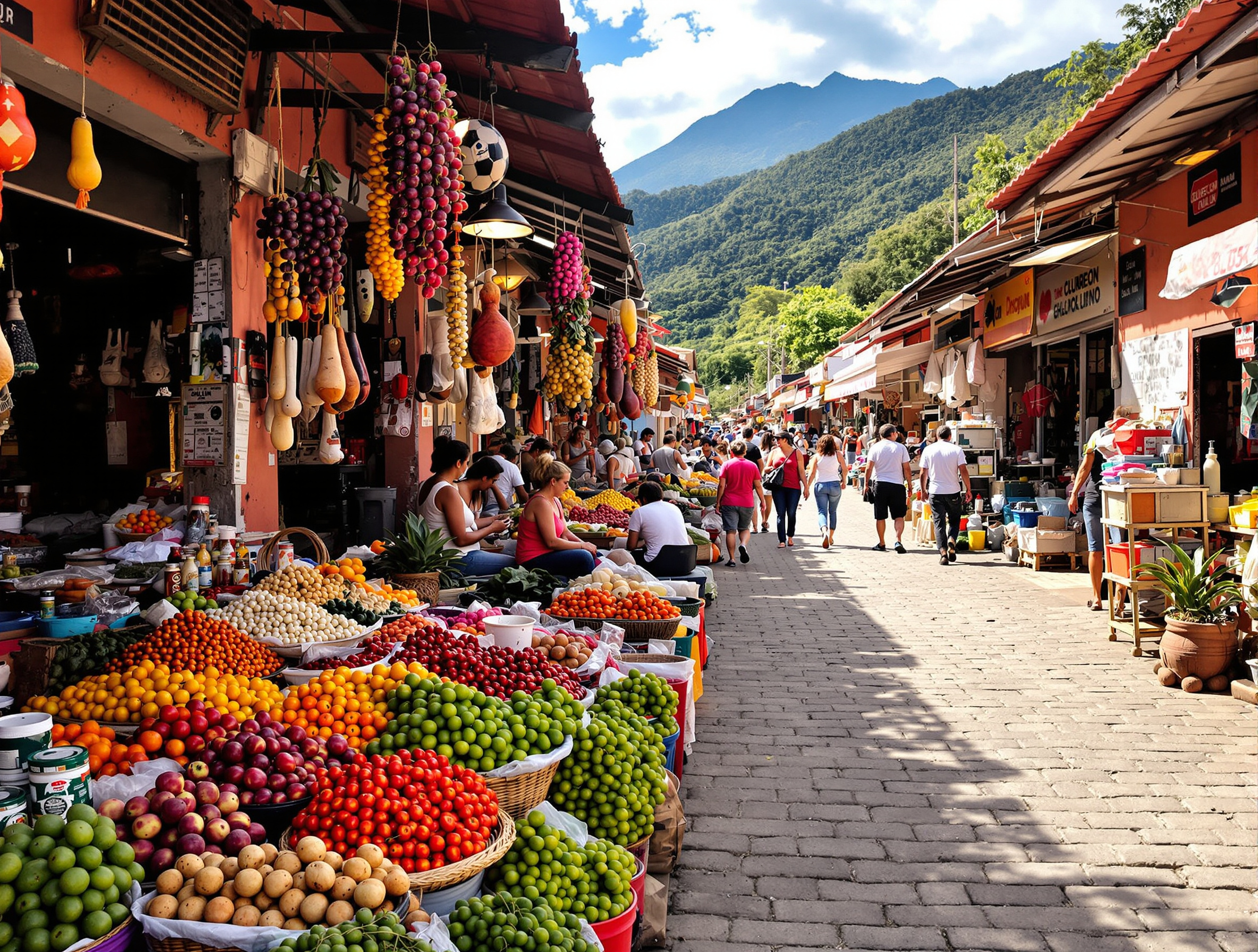 Marché coloré dans les Andes colombiennes avec étals de fruits et d'épices