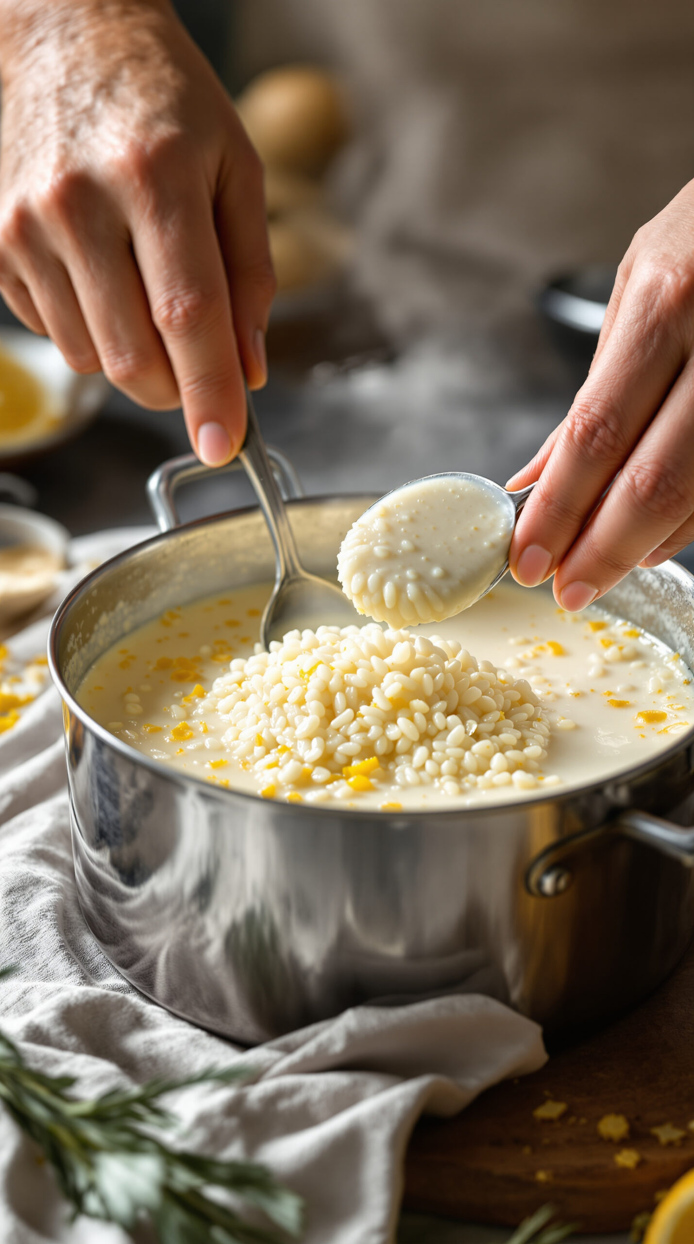 Main remuant du riz mijotant doucement dans du lait parfumé à la cannelle